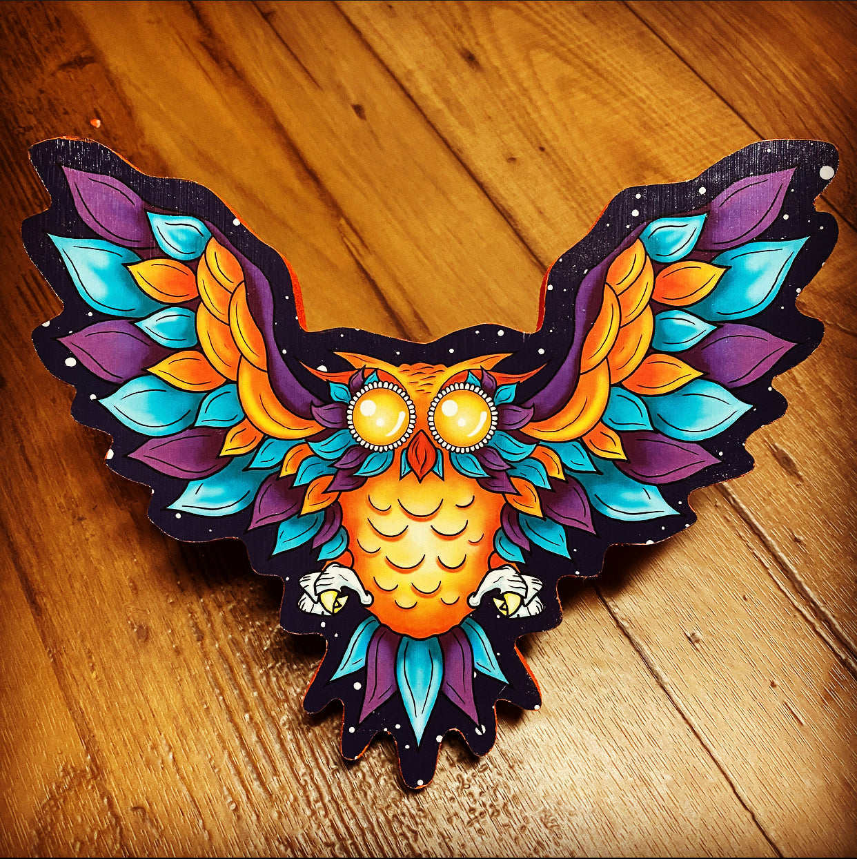 Orange Winged Owl Print on wood (Limited Edition) - Daniel Curran Art