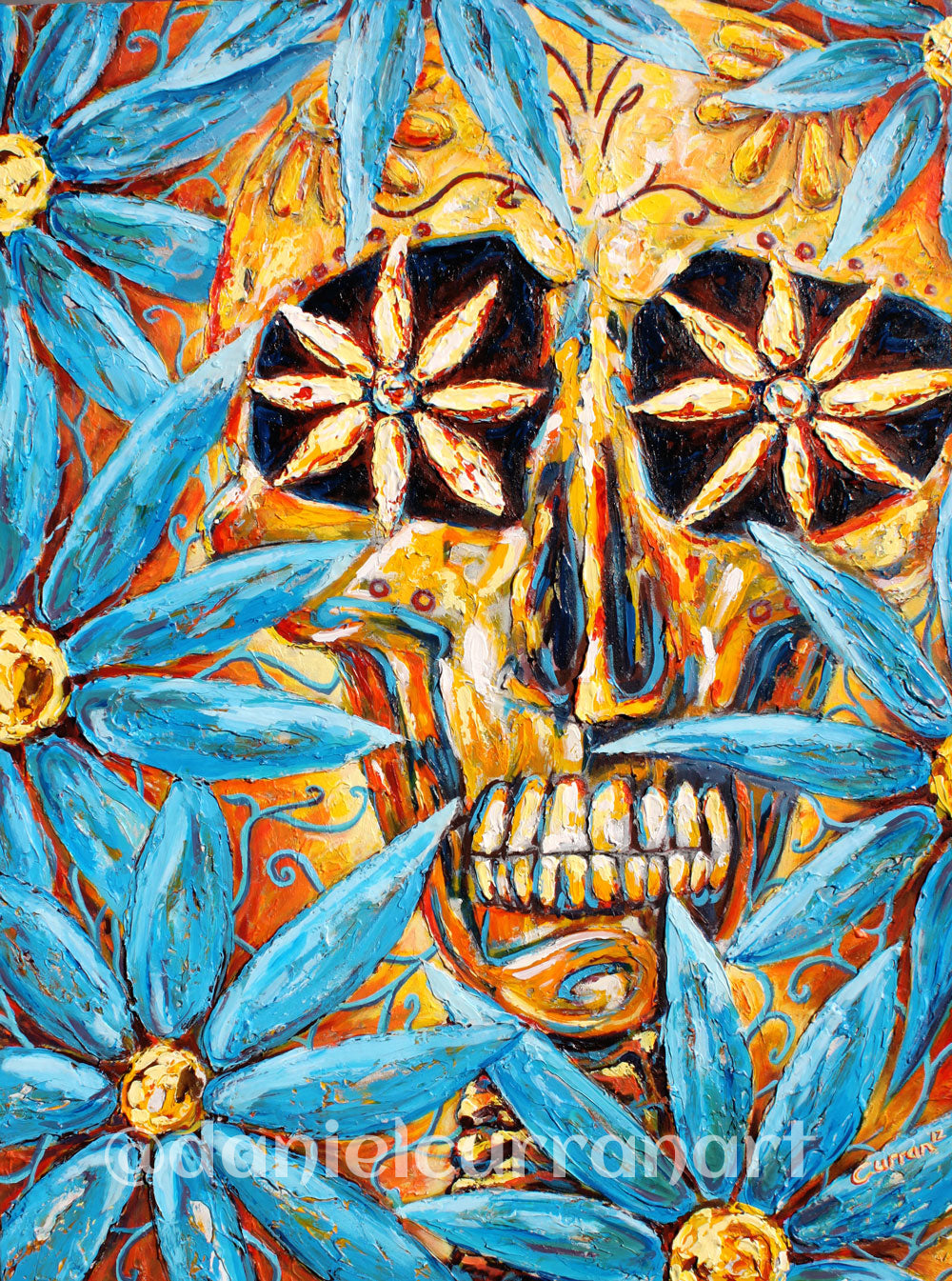 Craneo Con Flores Azules - Daniel Curran Art