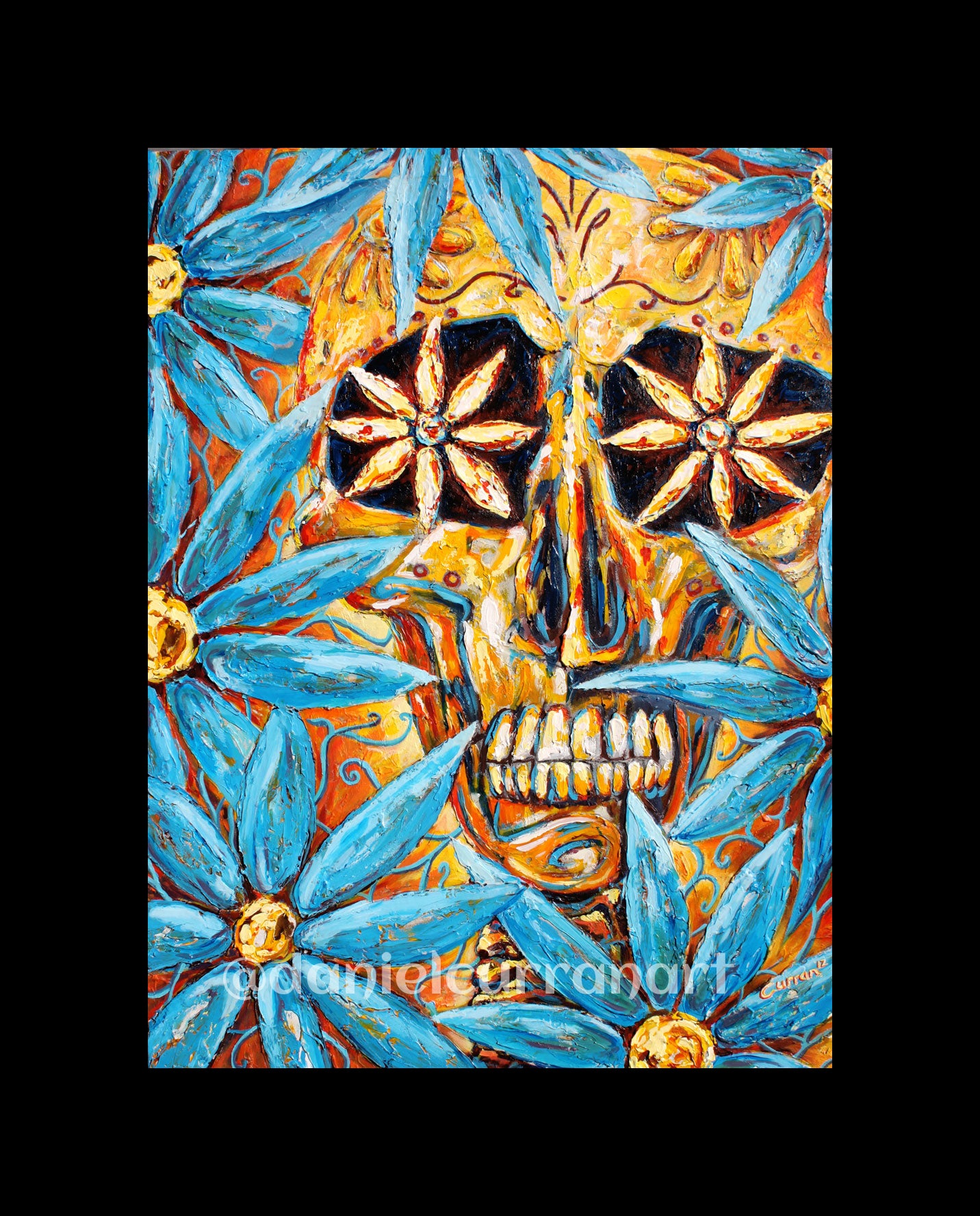 8"x 10" Craneo con Flores Azules Print (Matted) - Daniel Curran Art