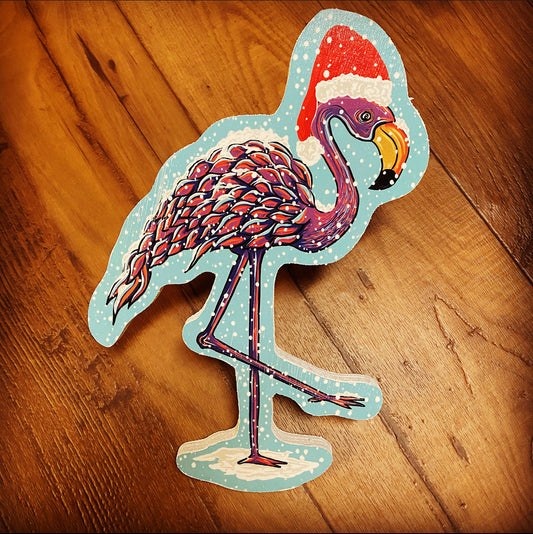 Snow Flamingo Print on wood - Daniel Curran Art